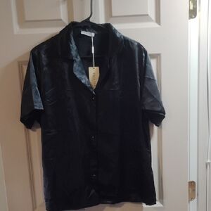 Black Satin Short Sleeve Shirt & Shorts Pajamas